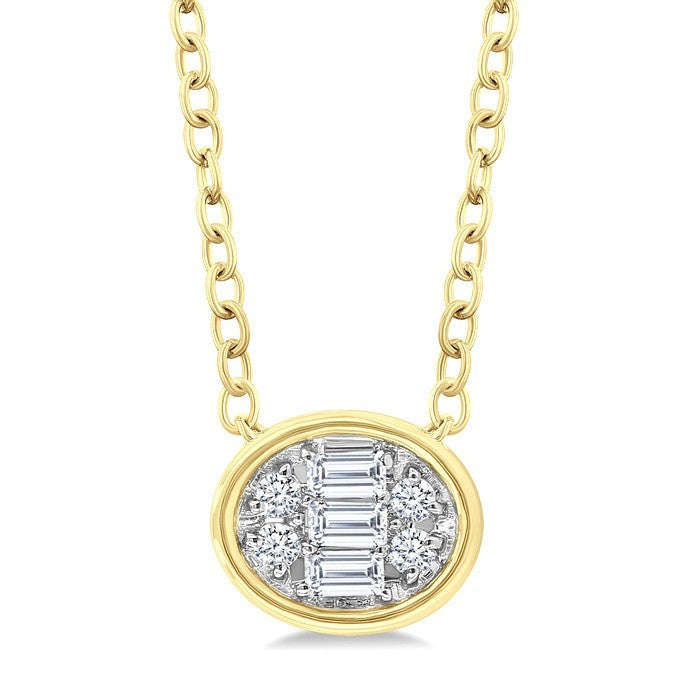 1/6 Ctw Petite Bezel Set East-West Oval Shape Fusion Baguette and Round Cut Diamond Fashion Pendant With Chain in 10K Yellow Gold