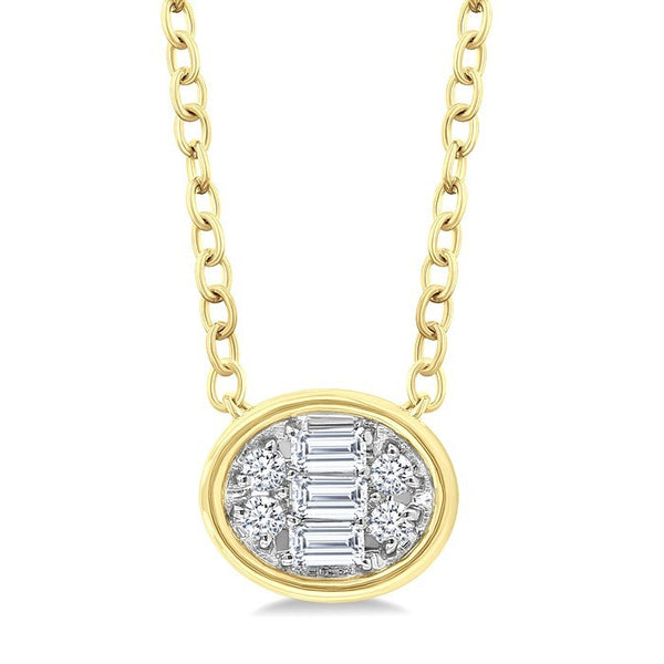 1/6 Ctw Petite Bezel Set East-West Oval Shape Fusion Baguette and Round Cut Diamond Fashion Pendant With Chain in 10K Yellow Gold