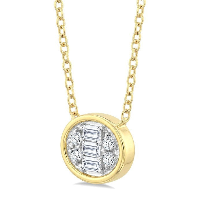 1/6 Ctw Petite Bezel Set East-West Oval Shape Fusion Baguette and Round Cut Diamond Fashion Pendant With Chain in 10K Yellow Gold