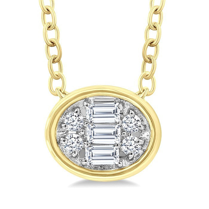 1/6 Ctw Petite Bezel Set East-West Oval Shape Fusion Baguette and Round Cut Diamond Fashion Pendant With Chain in 10K Yellow Gold