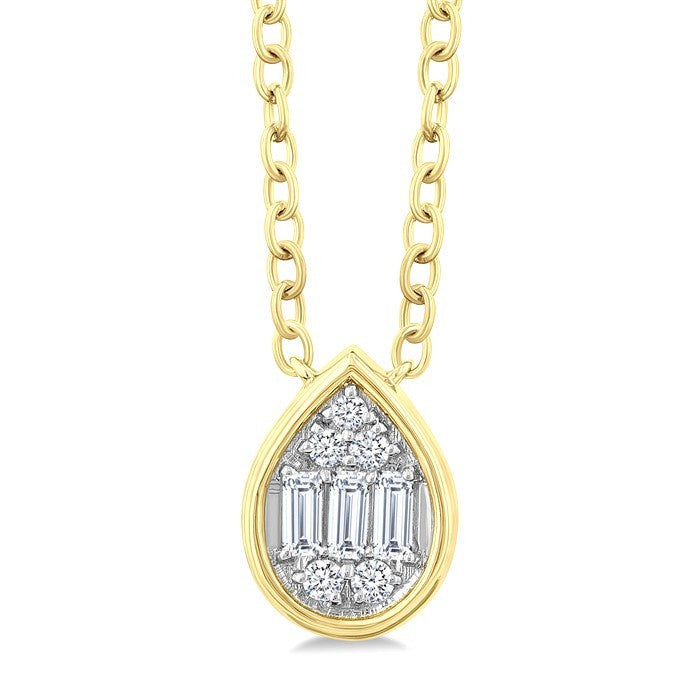 1/6 Ctw Petite Bezel Set Pear Shape Fusion Baguette and Round Cut Diamond Fashion Pendant With Chain in 10K Yellow Gold