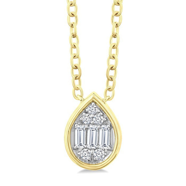 1/6 Ctw Petite Bezel Set Pear Shape Fusion Baguette and Round Cut Diamond Fashion Pendant With Chain in 10K Yellow Gold