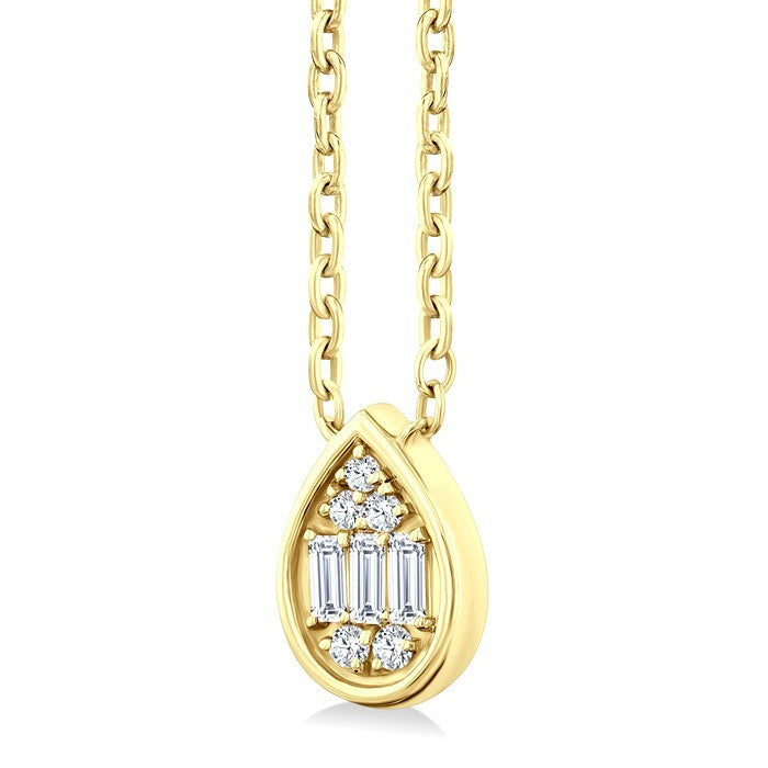 1/6 Ctw Petite Bezel Set Pear Shape Fusion Baguette and Round Cut Diamond Fashion Pendant With Chain in 10K Yellow Gold