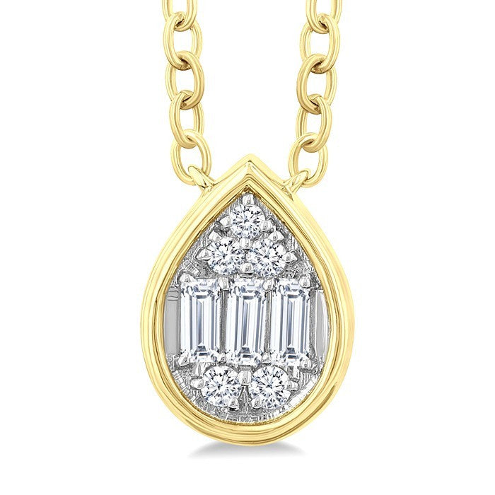 1/6 Ctw Petite Bezel Set Pear Shape Fusion Baguette and Round Cut Diamond Fashion Pendant With Chain in 10K Yellow Gold
