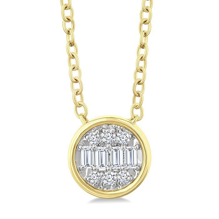1/6 Ctw Petite Bezel Set Round Shape Fusion Baguette and Round Cut Diamond Fashion Pendant With Chain in 10K Yellow Gold
