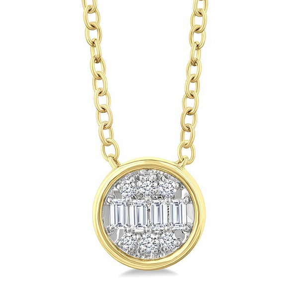 1/6 Ctw Petite Bezel Set Round Shape Fusion Baguette and Round Cut Diamond Fashion Pendant With Chain in 10K Yellow Gold