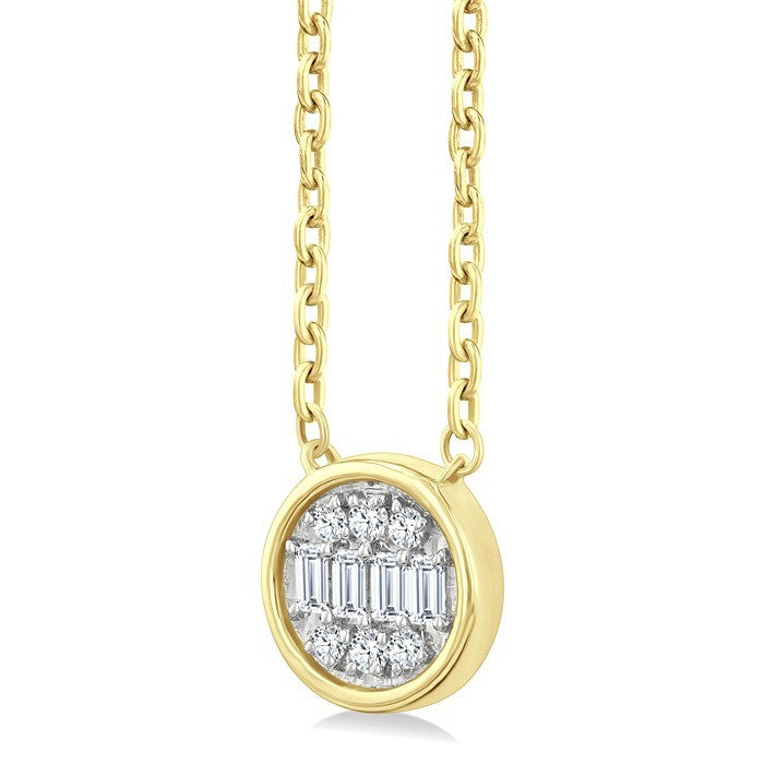 1/6 Ctw Petite Bezel Set Round Shape Fusion Baguette and Round Cut Diamond Fashion Pendant With Chain in 10K Yellow Gold