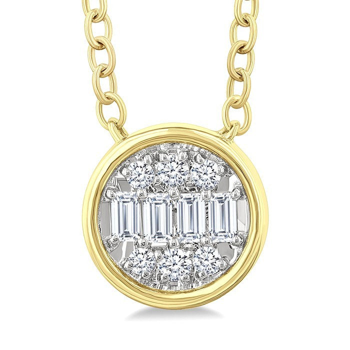 1/6 Ctw Petite Bezel Set Round Shape Fusion Baguette and Round Cut Diamond Fashion Pendant With Chain in 10K Yellow Gold