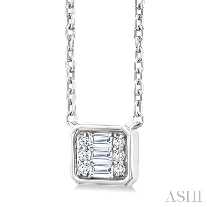 1/6 Ctw Petite Bezel Set East-West Emerald Shape Fusion Baguette and Round Cut Diamond Fashion Pendant With Chain in 10K White Gold