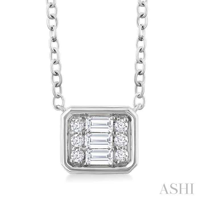 1/6 Ctw Petite Bezel Set East-West Emerald Shape Fusion Baguette and Round Cut Diamond Fashion Pendant With Chain in 10K White Gold