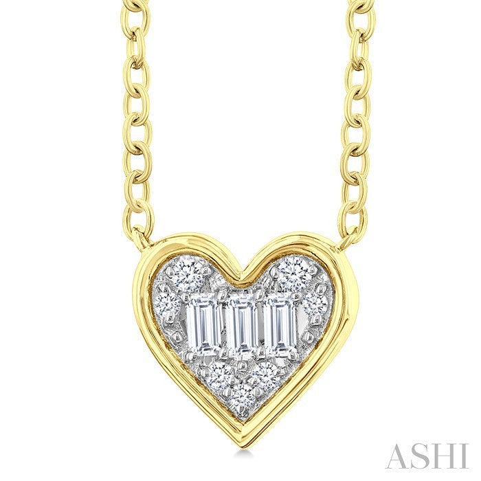 1/6 Ctw Petite Bezel Set Heart Shape Fusion Baguette and Round Cut Diamond Fashion Pendant With Chain in 10K Yellow Gold