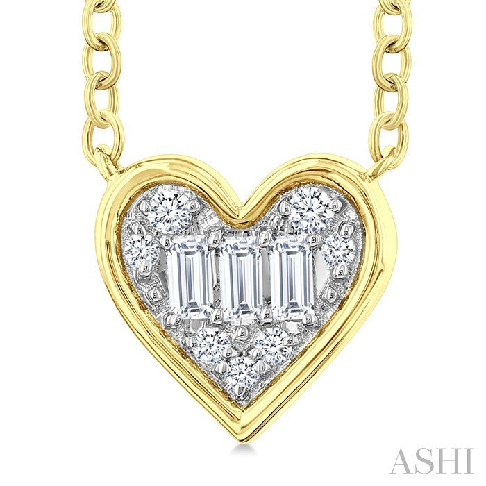 1/6 Ctw Petite Bezel Set Heart Shape Fusion Baguette and Round Cut Diamond Fashion Pendant With Chain in 10K Yellow Gold