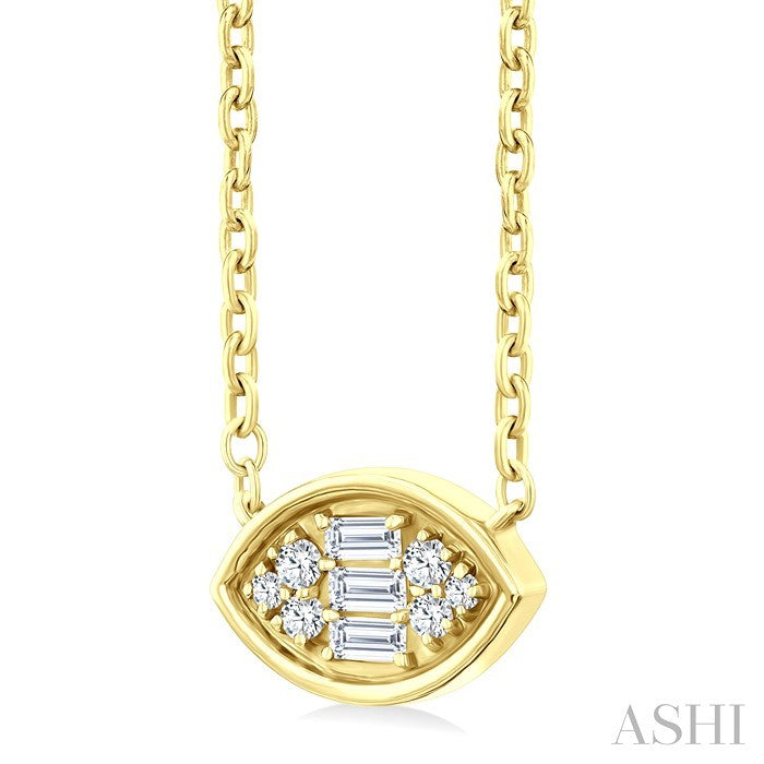 1/6 Ctw Petite Bezel Set East-West Marquise Shape Fusion Baguette and Round Cut Diamond Fashion Pendant With Chain in 10K Yellow Gold