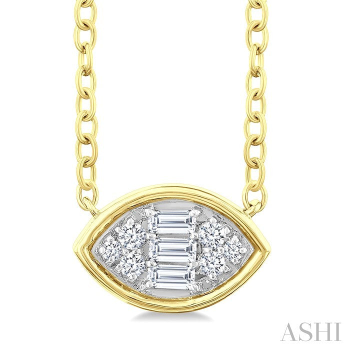 1/6 Ctw Petite Bezel Set East-West Marquise Shape Fusion Baguette and Round Cut Diamond Fashion Pendant With Chain in 10K Yellow Gold