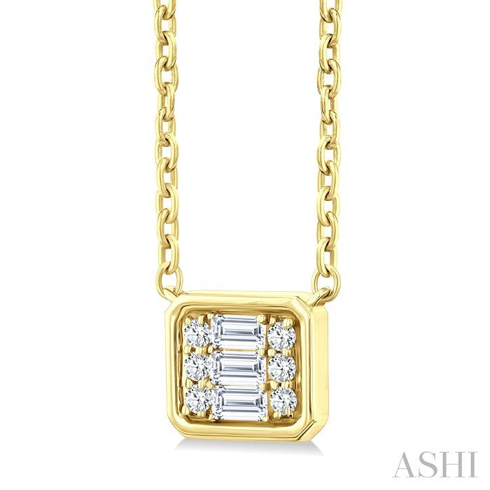 1/6 Ctw Petite Bezel Set East-West Emerald Shape Fusion Baguette and Round Cut Diamond Fashion Pendant With Chain in 10K Yellow Gold
