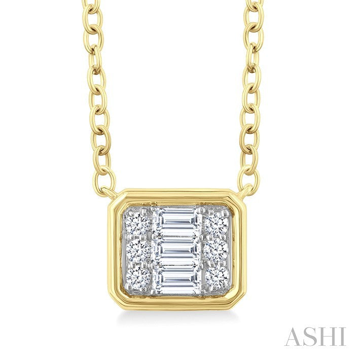 1/6 Ctw Petite Bezel Set East-West Emerald Shape Fusion Baguette and Round Cut Diamond Fashion Pendant With Chain in 10K Yellow Gold