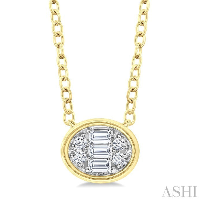 1/6 Ctw Petite Bezel Set East-West Oval Shape Fusion Baguette and Round Cut Diamond Fashion Pendant With Chain in 10K Yellow Gold