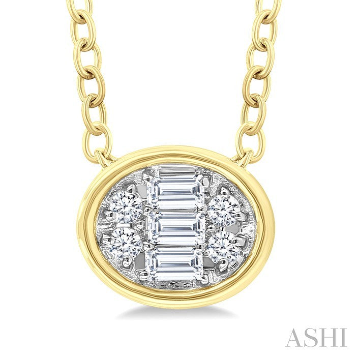 1/6 Ctw Petite Bezel Set East-West Oval Shape Fusion Baguette and Round Cut Diamond Fashion Pendant With Chain in 10K Yellow Gold