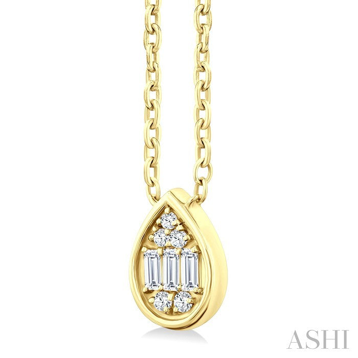 1/6 Ctw Petite Bezel Set Pear Shape Fusion Baguette and Round Cut Diamond Fashion Pendant With Chain in 10K Yellow Gold