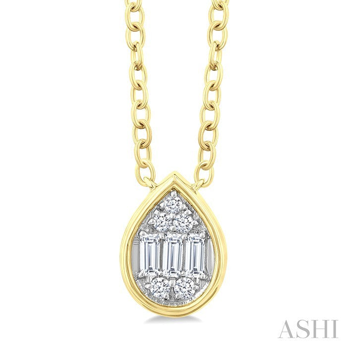 1/6 Ctw Petite Bezel Set Pear Shape Fusion Baguette and Round Cut Diamond Fashion Pendant With Chain in 10K Yellow Gold