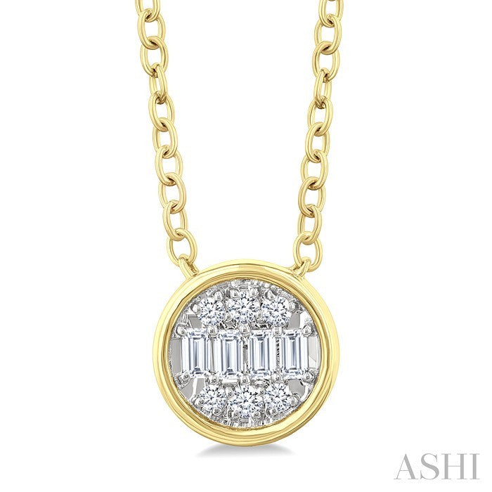 1/6 Ctw Petite Bezel Set Round Shape Fusion Baguette and Round Cut Diamond Fashion Pendant With Chain in 10K Yellow Gold