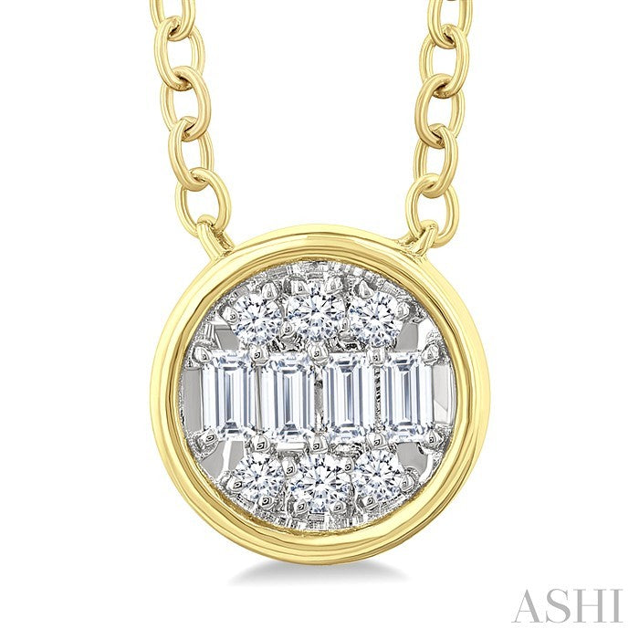 1/6 Ctw Petite Bezel Set Round Shape Fusion Baguette and Round Cut Diamond Fashion Pendant With Chain in 10K Yellow Gold