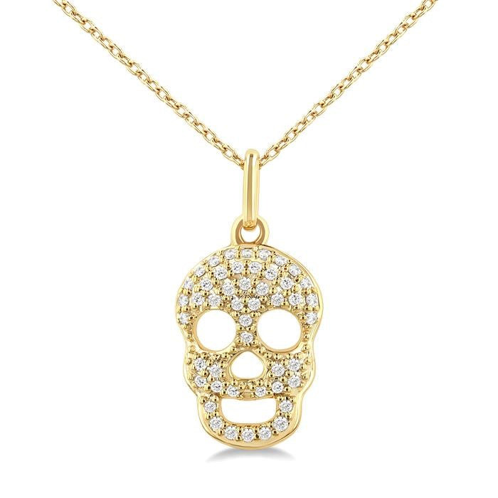 1/6 Ctw Petite Skull Round Cut Diamond Fashion Pendant With Chain in 10K Yellow Gold