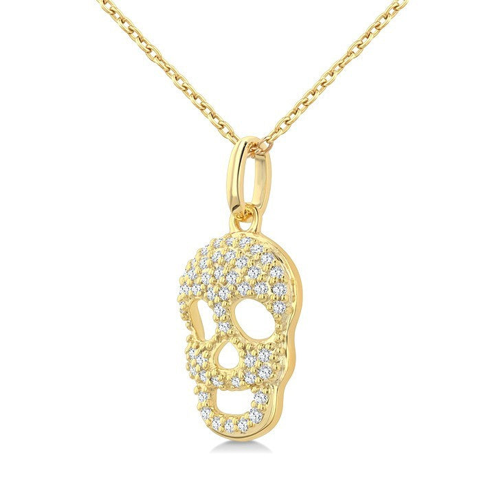 1/6 Ctw Petite Skull Round Cut Diamond Fashion Pendant With Chain in 10K Yellow Gold