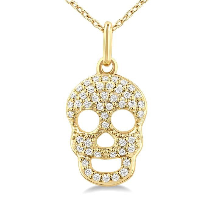 1/6 Ctw Petite Skull Round Cut Diamond Fashion Pendant With Chain in 10K Yellow Gold