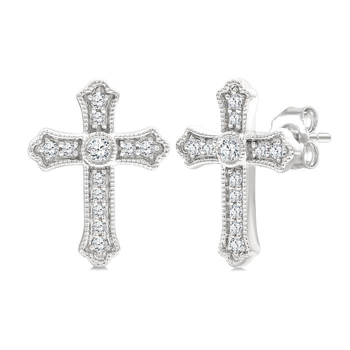 1/5 Ctw Round Cut Diamond Cross Petite Fashion Earrings in 10K White Gold