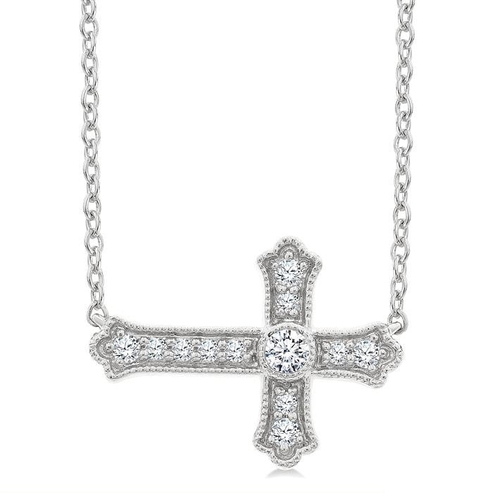 1/8 Ctw Round Cut Diamond Sideway Cross Pendant with Chain in 10K White Gold