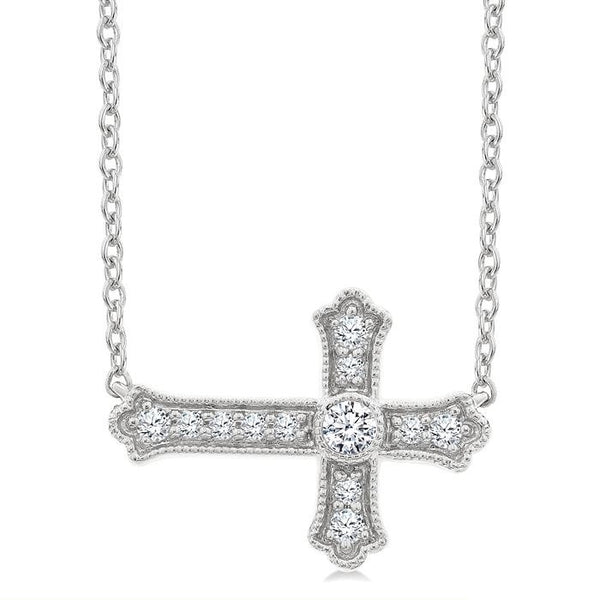 1/8 Ctw Round Cut Diamond Sideway Cross Pendant with Chain in 10K White Gold