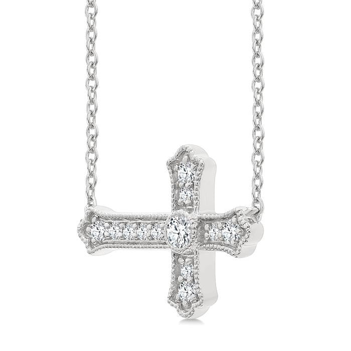 1/8 Ctw Round Cut Diamond Sideway Cross Pendant with Chain in 10K White Gold