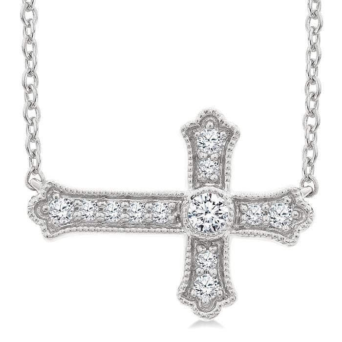 1/8 Ctw Round Cut Diamond Sideway Cross Pendant with Chain in 10K White Gold