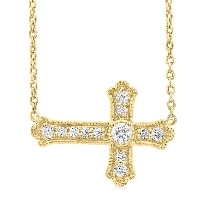 1/8 Ctw Round Cut Diamond Sideway Cross Pendant with Chain in 10K Yellow Gold