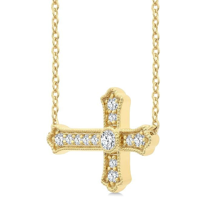 1/8 Ctw Round Cut Diamond Sideway Cross Pendant with Chain in 10K Yellow Gold