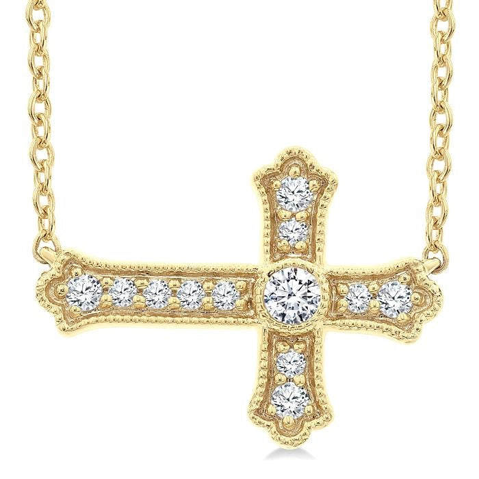 1/8 Ctw Round Cut Diamond Sideway Cross Pendant with Chain in 10K Yellow Gold