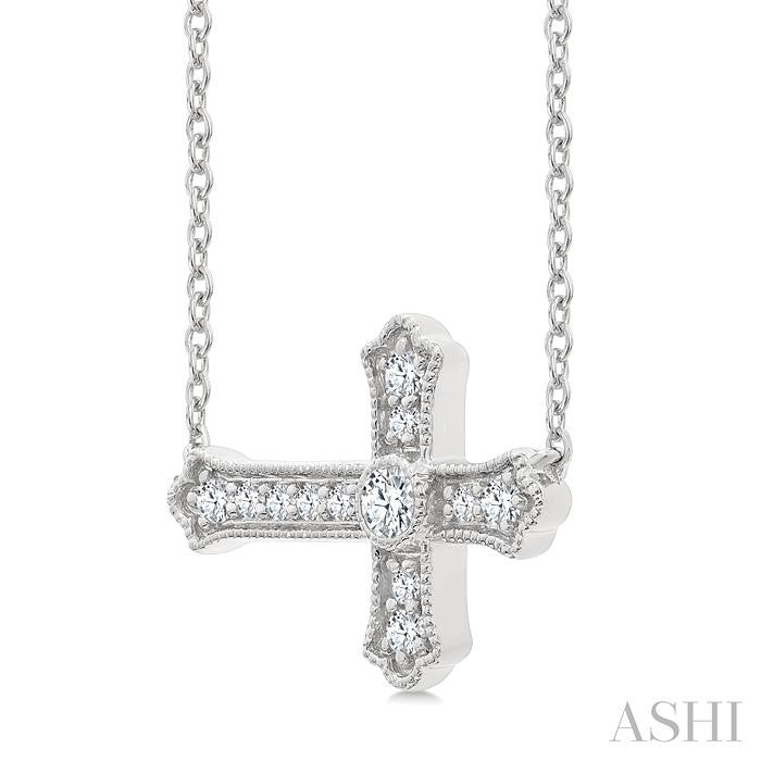 1/8 Ctw Round Cut Diamond Sideway Cross Pendant with Chain in 10K White Gold
