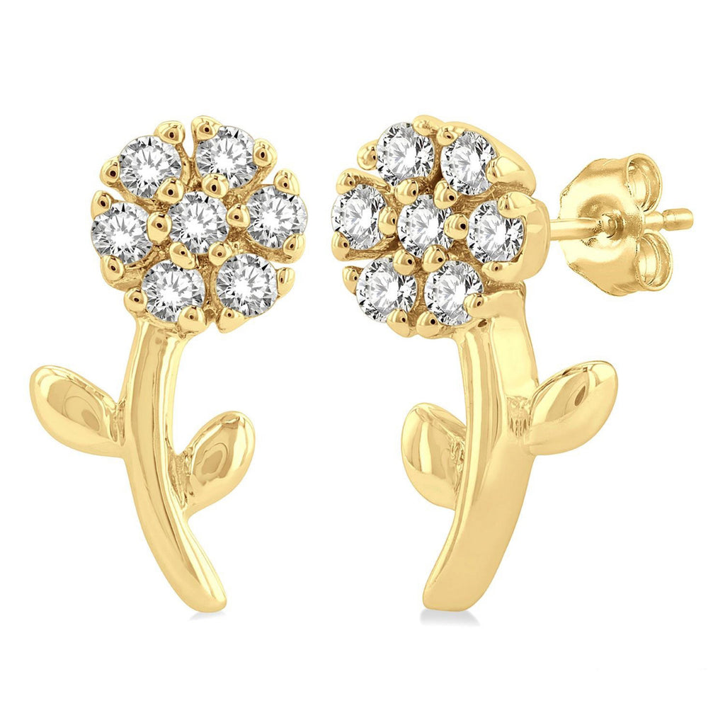 1/8 Ctw Floral Round Cut Diamond Petite Fashion Stud Earrings in 10K Yellow Gold