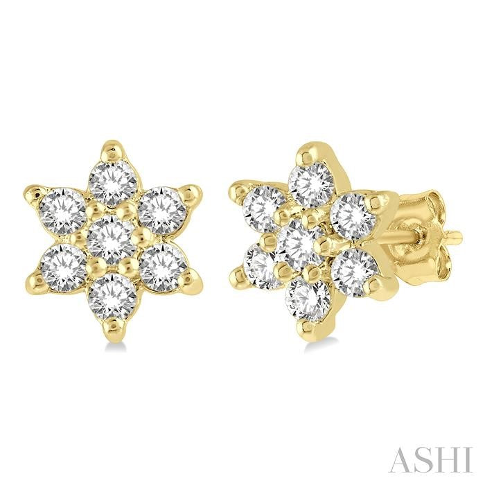 1/6 Ctw Floral Round Cut Diamond Petite Fashion Earrings in 14K Yellow Gold
