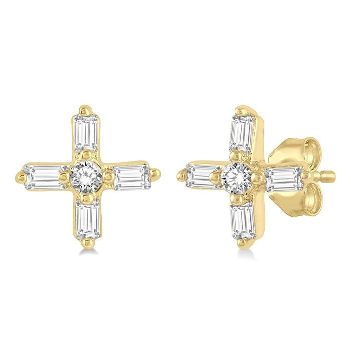 1/10 Ctw Greek Cross Baguette and Round Cut Diamond Petite Earrings in 10K Yellow Gold