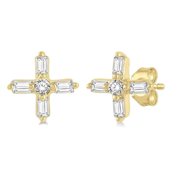 1/10 Ctw Greek Cross Baguette and Round Cut Diamond Petite Earrings in 10K Yellow Gold