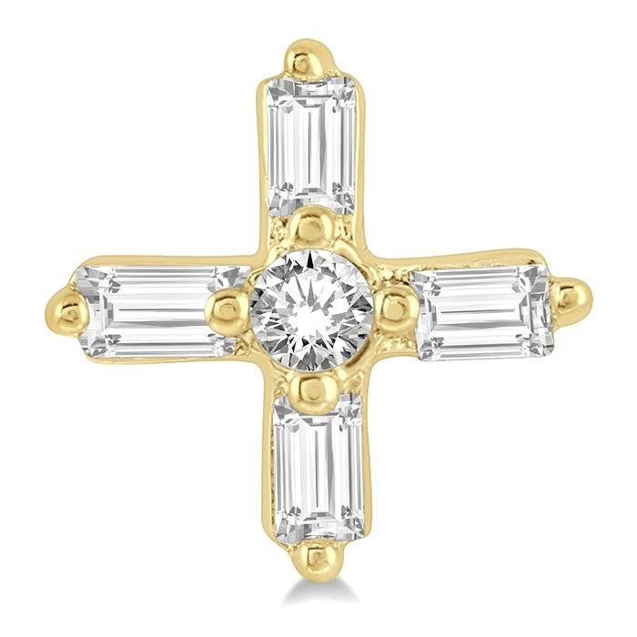 1/10 Ctw Greek Cross Baguette and Round Cut Diamond Petite Earrings in 10K Yellow Gold