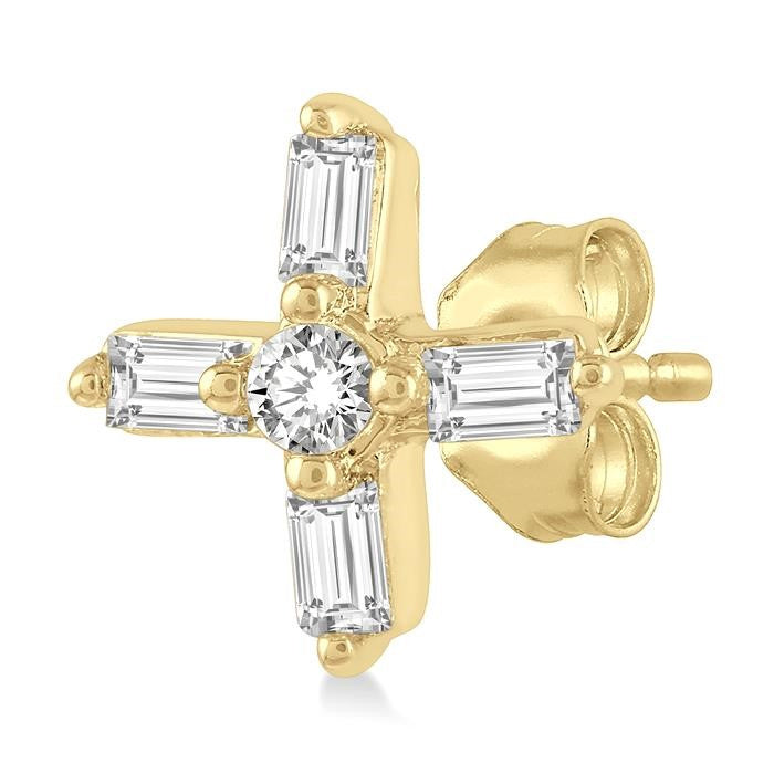 1/10 Ctw Greek Cross Baguette and Round Cut Diamond Petite Earrings in 10K Yellow Gold