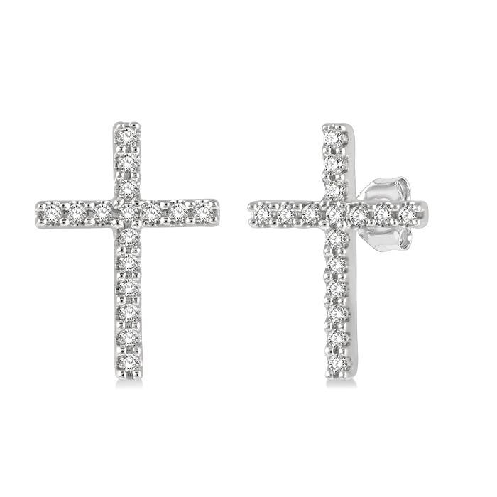1/10 Ctw Cross Round Cut Diamond Petite Fashion Earrings in 14K White Gold