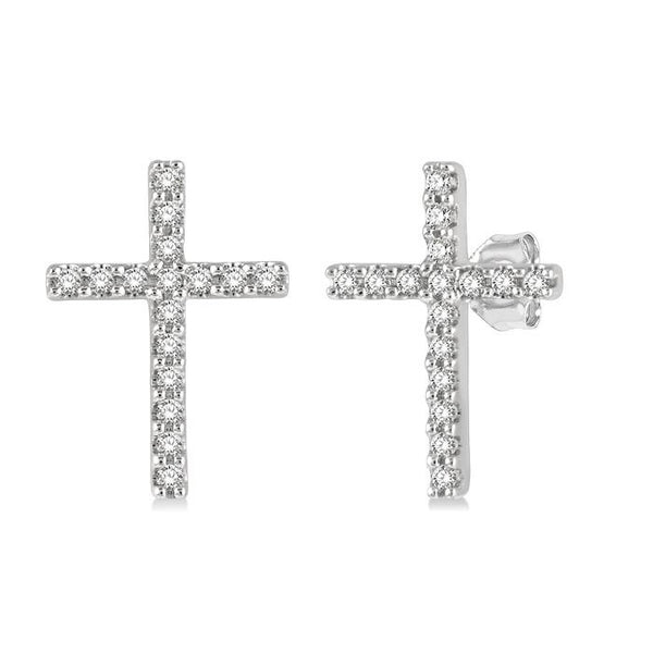 1/10 Ctw Cross Round Cut Diamond Petite Fashion Earrings in 14K White Gold
