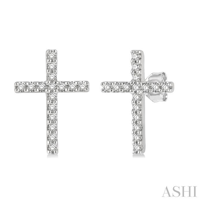 1/10 Ctw Cross Round Cut Diamond Petite Fashion Earrings in 14K White Gold