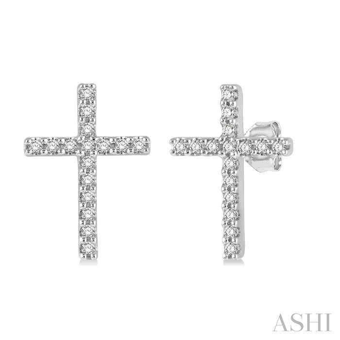1/10 Ctw Cross Round Cut Diamond Petite Fashion Earrings in 10K White Gold