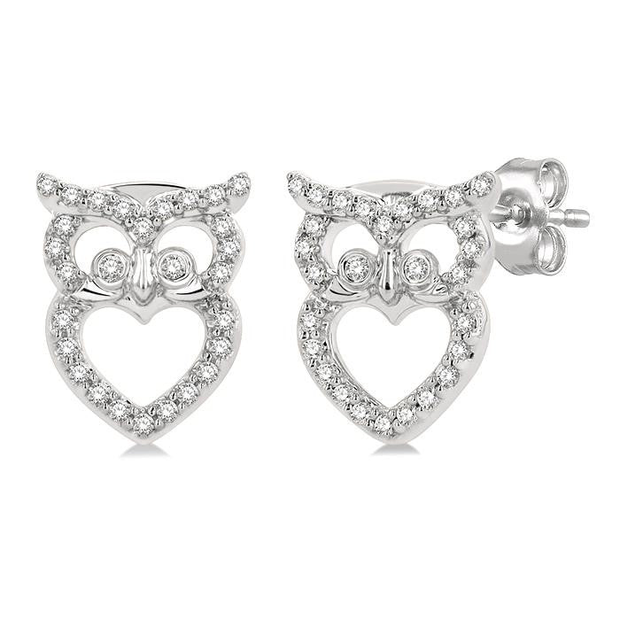1/6 Ctw Petite Owl Round Cut Diamond Fashion Stud Earrings in 10K White Gold