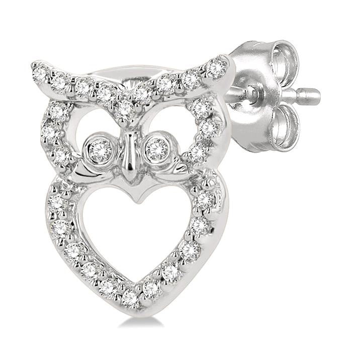 1/6 Ctw Petite Owl Round Cut Diamond Fashion Stud Earrings in 10K White Gold
